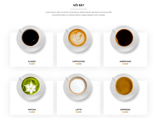 Khổi hiển thị sản phẩm giao diện coffee