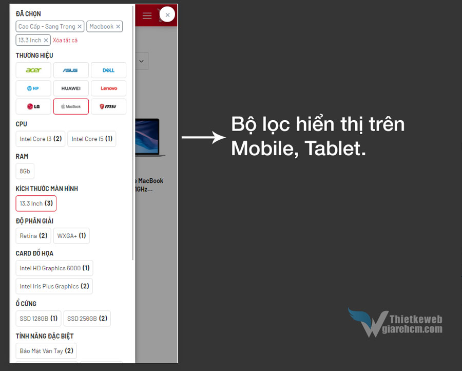 Bộ lọc hiển thị trên Mobile